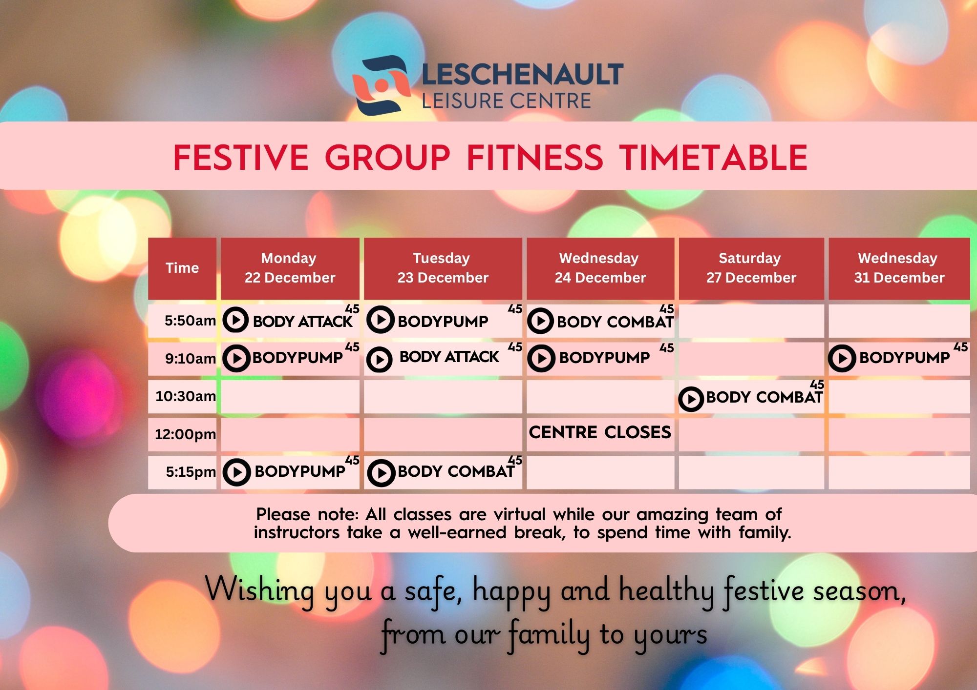 Festive Group Fitness Time Table
