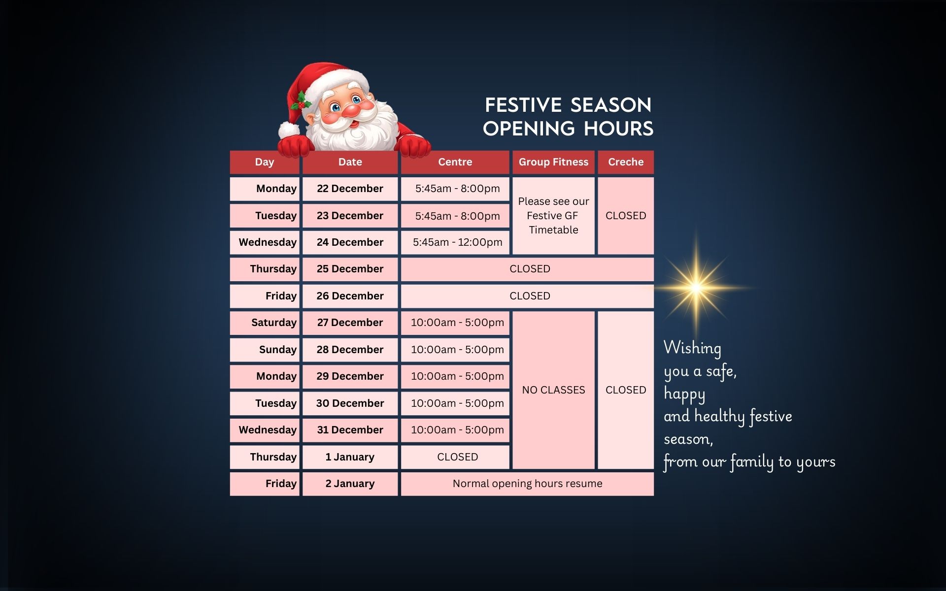 Festive Season Opening Hours
